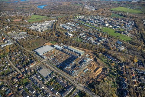 Aerial view, construction site, new Edeka headquarters, Rheinberger Straße, Rheinkamp-Utfort, Mörs,