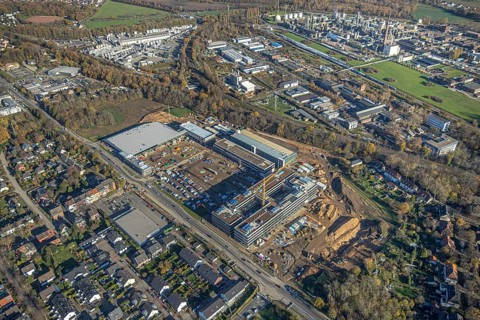 Aerial view, construction site, new Edeka headquarters, Rheinberger Straße, Rheinkamp-Utfort, Mörs,