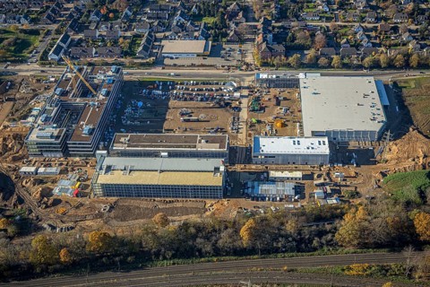 Aerial view, construction site, new Edeka headquarters, Rheinberger Straße, Rheinkamp-Utfort, Mörs,