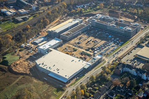 Aerial view, construction site, new Edeka headquarters, Rheinberger Straße, Rheinkamp-Utfort, Mörs,