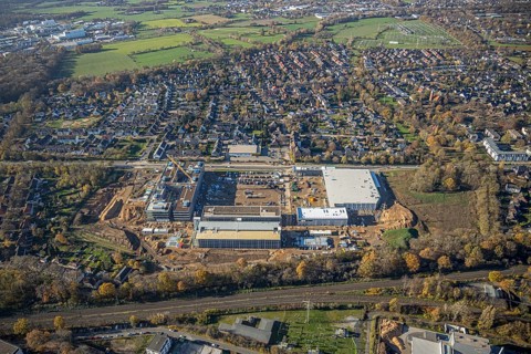 Aerial view, construction site, new Edeka headquarters, Rheinberger Straße, Rheinkamp-Utfort, Mörs,