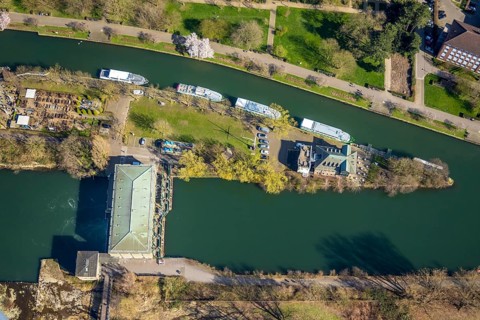 Aerial view, Ruhr, hydroelectric power station on the Ruhr, Haus Ruhrnatur, Altstadt I, Mülheim an