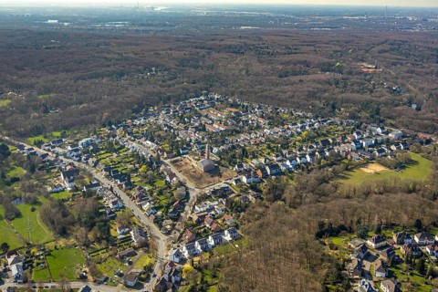 Aerial view, site of the demolished parish hall at Lindenhof, construction of new flats,
