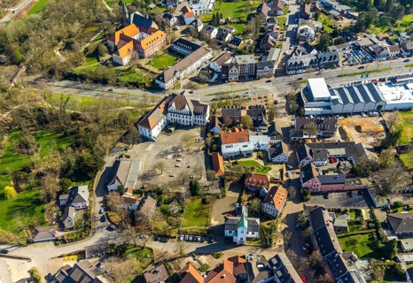 Aerial view, Municipal primary school at Klostermarkt, Village church Protestant parish