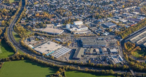 Aerial view, industrial area Dümpten, Mannesmannallee, motorway A40, Dümpten - West, Mülheim an der