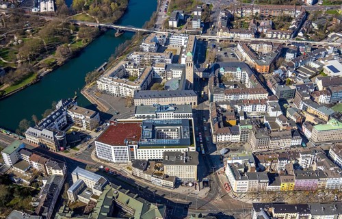 Aerial view, Ruhrbania in the city centre of Mülheim, Ruhr, Ruhr valley, town hall,