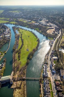 Aerial photo, Ruhr, hydroelectric power station on the Ruhr, Kassenbergbrücke, weir Mülheim,