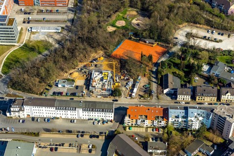 Aerial view, construction site, new building Düsseldorfer Straße 162, TC Roptweiss Saarn,