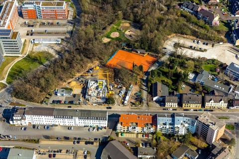 Aerial view, construction site, new building Düsseldorfer Straße 162, TC Roptweiss Saarn,