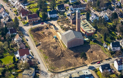 Aerial view, site of the demolished parish hall at Lindenhof, construction of new flats,