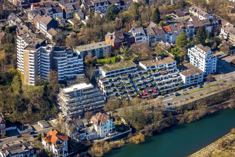 Aerial photo, new construction terrace house with Ruhr view, high-rise building Ruhrblkick,