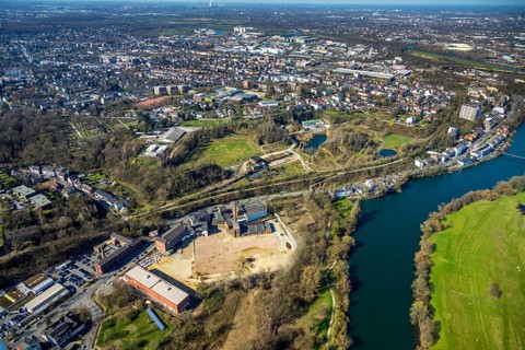 Aerial photograph, railing of the former leather factory Lingens, development of new residential
