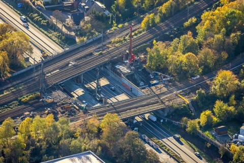 Aerial view, construction site, railway bridges after tanker fire, motorway A40, Styrum, Mülheim an