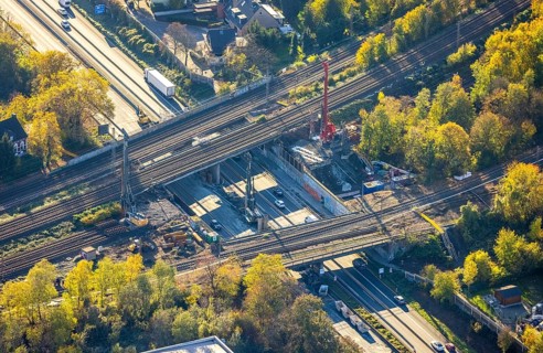 Aerial view, construction site, railway bridges after tanker fire, motorway A40, Styrum, Mülheim an