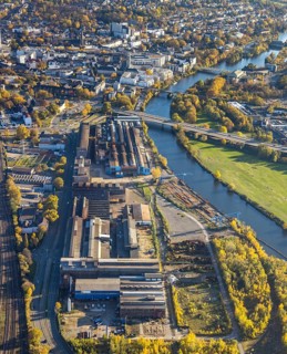 Aerial view, Friedrich Wilhelms-Hütte Stahlguss, river Ruhr, Altstadt II, Mülheim an der Ruhr, Ruhr