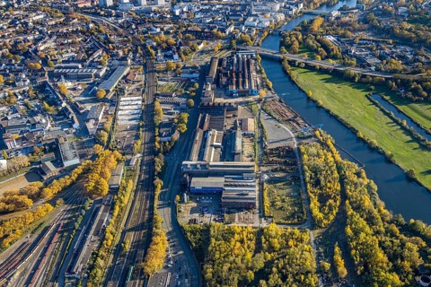 Aerial view, Friedrich Wilhelms-Hütte Stahlguss, river Ruhr, Altstadt II, Mülheim an der Ruhr, Ruhr