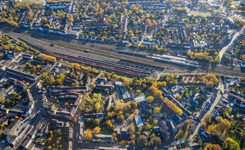 Aerial view, railway tracks, Mülheim Ruhr Styrum station, Styrum, Mülheim an der Ruhr, Ruhr area,
