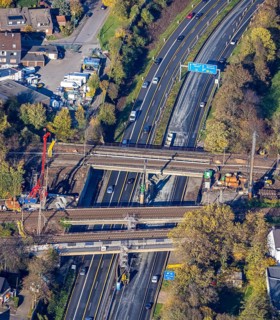 Aerial view, construction site, railway bridges after tanker fire, motorway A40, Styrum, Mülheim an