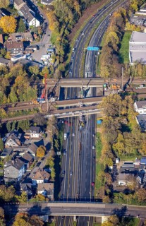 Aerial view, construction site, railway bridges after tanker fire, motorway A40, Styrum, Mülheim an