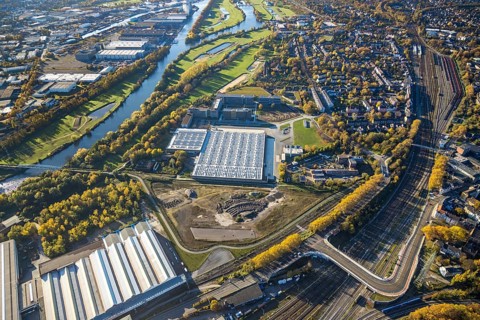 Aerial view, Aldi Süd, open space, construction area, river Ruhr, Styrum - Süd, Mülheim an der