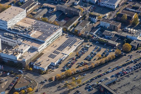 Aerial view, commercial area Dümpten, Aldi Süd, largest ALDI Süd store in Germany, Mannesmannallee,