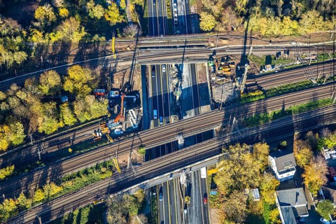 Aerial view, construction site, railway bridges after tanker fire, motorway A40, Styrum, Mülheim an