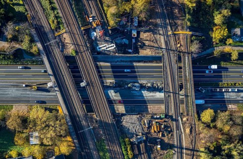 Aerial view, construction site, railway bridges after tanker fire, motorway A40, Styrum, Mülheim an