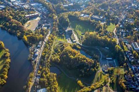 Aerial view, quarry Rauen, river Ruhr, construction area former leather factory Lindgens am