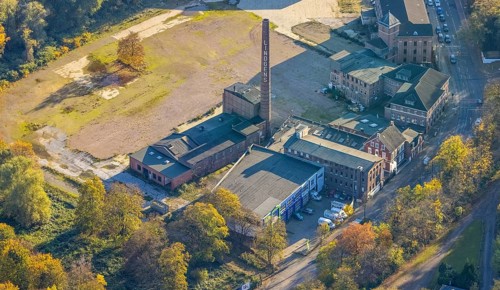 Aerial view, construction area former leather factory Lindgens am Kassenberg, Saarn, Mülheim an der