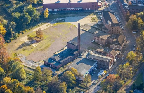 Aerial view, construction area former leather factory Lindgens am Kassenberg, Saarn, Mülheim an der