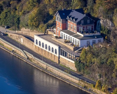 Aerial view, residential building, former youth hostel at Kahlenberg, river Ruhr, Mendener Straße,