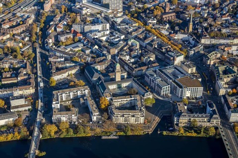 Aerial view, town hall market, town hall, cycle path, Altstadt I, Mülheim an der Ruhr, Ruhr area,