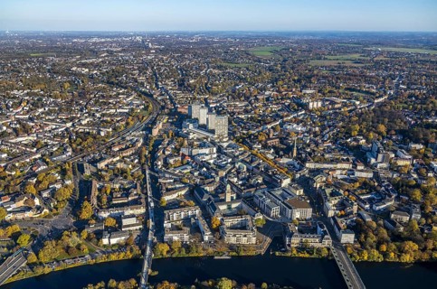 Aerial view, town hall market, town hall, fast cycle path, Dickswall high-rise buildings, Altstadt