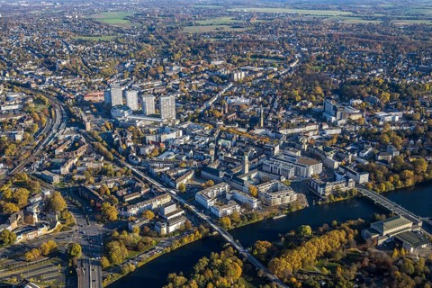 Aerial view, town hall market, town hall, fast cycle path, Dickswall high-rise buildings, Altstadt