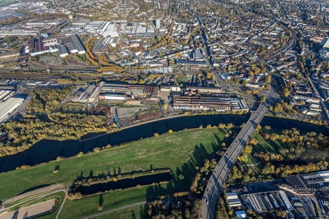 Aerial view, Friedrich Wilhelms-Hütte Stahlguss, river Ruhr, Altstadt II, Mülheim an der Ruhr, Ruhr