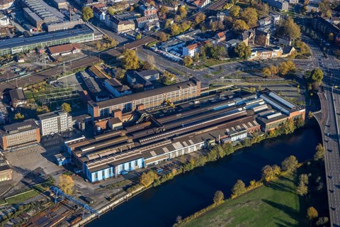Aerial view, Friedrich Wilhelms-Hütte Stahlguss, river Ruhr, Altstadt II, Mülheim an der Ruhr, Ruhr