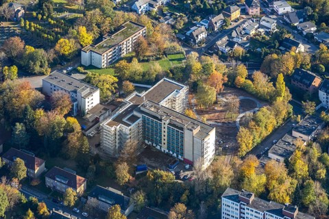 Aerial view, Haus Gracht - Mülheimer Seniorendienste, construction site new building, Altstadt I -