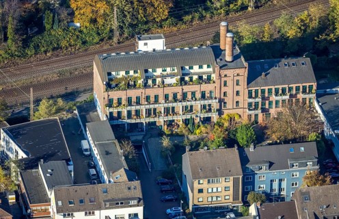Aerial view, Exclusive condominiums in the Alte Malzfabrik residential park, Cycle highway,