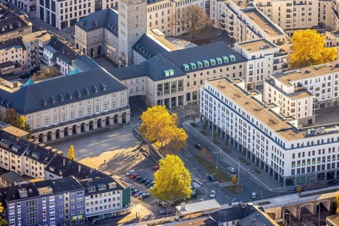 Aerial view, town hall market, town hall, cycle highway, Altstadt I, Mülheim an der Ruhr, Ruhr