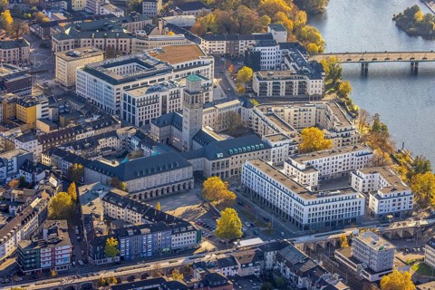 Aerial view, town hall market, town hall, cycle highway, Altstadt I, Mülheim an der Ruhr, Ruhr