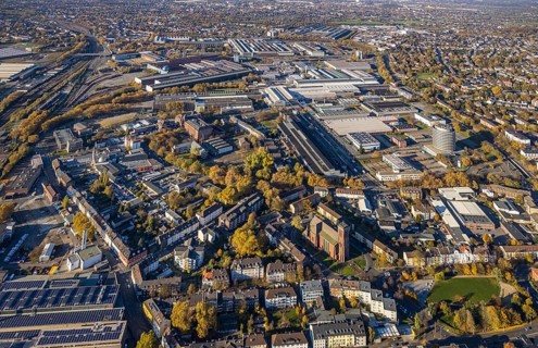 Aerial view, cath. Church Sankt Engelbert, Sankt Engelbertus-Stift, Siemens factory premises,
