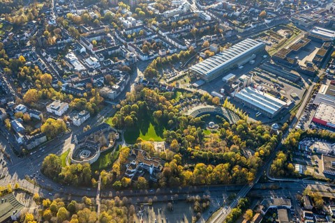 Aerial photography, Depot Ruhrbahn GmbH, Alte Dreherei, fire brigade, roundhouse, Park am Schloss