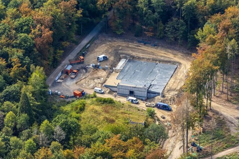Aerial view, construction site of new elevated tank Waldemei, Menden, Sauerland, Märkischer Kreis,