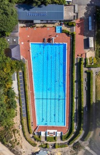 Aerial photo, outdoor pool, Bürgerbad Leitmecke, pandemic fear, distance rule, corona virus,