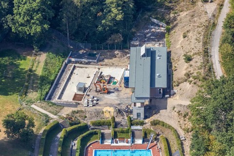 Aerial photo, outdoor pool, Bürgerbad Leitmecke, pandemic fear, distance rule, corona virus,