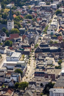 Aerial view, pedestrian zone, city centre, market place, old town hall, catholic church St.