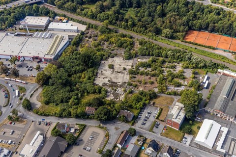 Aerial view, Evidal site, Carl-Benz-Straße construction area, Hellweg Baumarkt, Menden, Sauerland,
