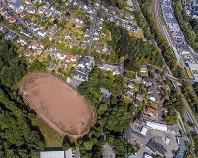 Aerial view, sports field Gisbert-Kranz-Platz, Menden, Sauerland, Märkischer Kreis, North
