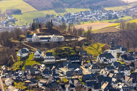 Aerial view, view of Eversberg, Eversberg Castle ruins, Eversberg Castle Hall, St