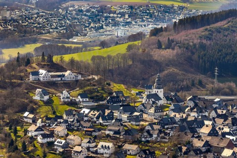 Aerial view, view of Eversberg, Eversberg Castle ruins, Eversberg Castle Hall, St